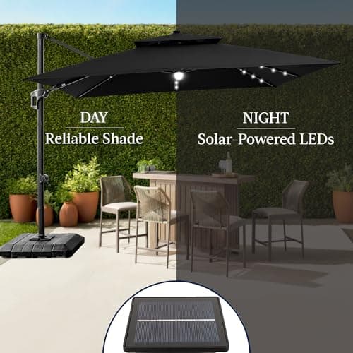 Best Choice Products 9x12ft LED Cantilever Patio Umbrella w/Base Included & 360° Rotation, Large Solar Offset Hanging Outdoor Sun Shade for Deck, Backyard Table w/Stand & Lights – Black view 6