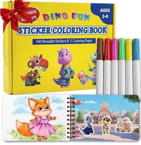 Dino Fun Reusable Sticker & Coloring Book for Kids | 2-in-1 Set with 160+ Stickers, 6 Markers & 11 Themes | Educational Travel Toy Gift for Ages 4-8 — image 1