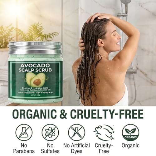 Avocado Oil Scalp Scrub - Deep Exfoliating Care for Dry, Itchy & Flaky Scalp - Natural Physical Exfoliant with Pumice, Aloe Vera & Peppermint - Vegan, 5.29 oz view 3