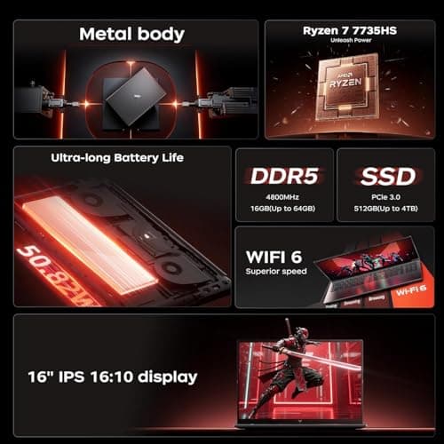 2026 AMD Gaming Laptop with AMD Ryzen 7 7735HS Processor (8C/16T, Up to 4.75GHz) 16 Inch FHD Screen Laptop Compute 16GB RAM 512GB ROM Windows 11 Laptop, HDMI, WiFi-6, Type-C, Webcam, Backlit Keyboard view 2