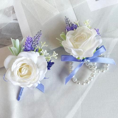 Rose Corsage and Boutonniere Set Lavender Blue Corsage Wrist and Men Boutonniere for White Wedding Party Prom Suit Decorations view 2