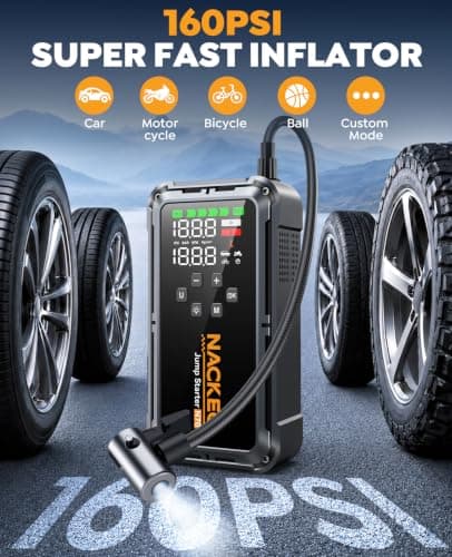 NACKEO 8000A Jump Starter with Air Compressor, 160PSI Portable Car Jump Starter for All Gas & 12L Diesel, Jump Box with Auto-Shutoff Tire Inflator, Large LCD Display, Jumper Cables & 600LM LED Light view 3