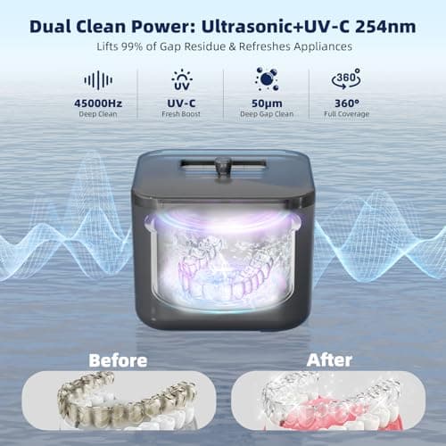 Ultrasonic Retainer Cleaner Machine, Denture Cleaner for Aligners Night Guards Braces Mouth Guards Toothbrush Heads，All-in-One Dental & Jewelry Cleaner, 45kHz 200ML, Dual Modes view 2