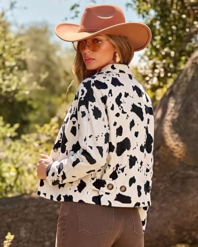 luvamia Faux Suede Cow Print Fall Jackets For Women Cropped Jacket Shacket | Faux Leather, Full Lining, Button Down Shackets For Women With Pockets, Oversized Fall Outerwear, Cowgirl Outfits For Women view 4