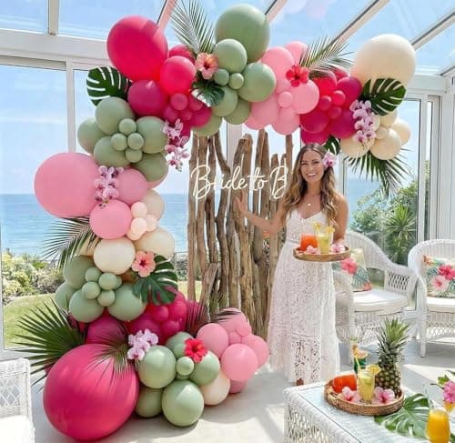 Hot Pink and Sage Green Balloon Garland Arch Kit, Double Stuffed Dusty Green Magenta & Ivory Balloon Decorations for Baby Shower, Garden Bridal Wedding, Tropical Birthday, Boho Tea Party view 2