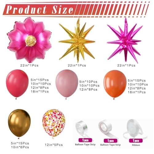 154Pcs Pink and Orange Balloon Arch Kit with Flower Foil & 2 Star Balloons for Bachelorette Party, Birthday, Wedding, Baby Shower – Pink and Orange Theme Party Decorations view 3