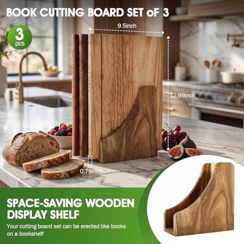 NEDVI Book Cutting Board Set with Wooden Stand-Wooden Kitchen Cutting Boards That Look Like Books for Cheese Meat Vegetables, Chopping Board Gift Set for Home Cooks & Kitchen Decor view 2