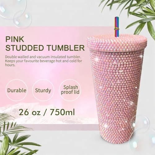26oz Bling Rhinestone Studded Tumbler with Lid and Straws, Bling Cups Stainless Steel Water Bottle Diamond Glitter Tumbler for Women - Birthday Gifts for Women, Mom,Get Well Soon Gifts (Pink) view 3