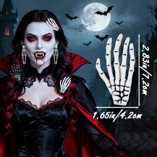 Halloween Hair Clips Skeleton Hands Bone 6Pcs White and Black, Punk Rock Horror Alligator Barrettes Hair Clip for Women Girls Hair Accessories(Hairpin, 6 Pcs) view 3