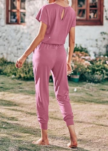 KIRUNDO Jumpsuits for Women Summer 2026 Casual Short Sleeve One Piece Outfits Drawstring Waist Long Pants Romper Jumpers view 6