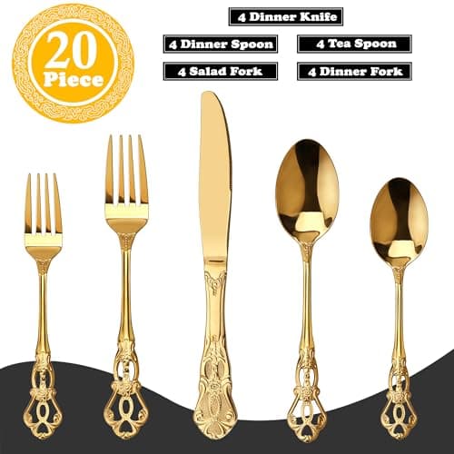 Runfly Gorgeous Retro Royal Gold Stainless Steel 20 Pieces Flatware Set, Golden Silverware Set, Anti-rust Stainless Steel Gold Cutlery Set Utensils Including Fork Spoon and Knife view 2