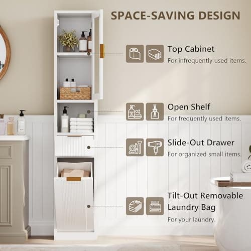 iPormis 67" Tall Bathroom Storage Cabinet with Reeded Glass Door, 1 Drawer, Removable Laundry Basket & Adjustable Shelf, Freestanding Narrow Cabinet for Bathroom, Living Room, Small Spaces, White view 3