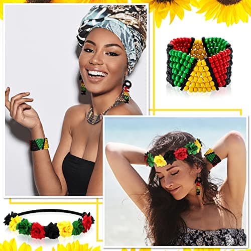 Hanaive 3 Pcs Jamaica African Jewelry Sets for Women,Black History Outfits for Women,Rasta Beaded Bracelet, Flower Crown Headband, Queen Dangle Earring in Rasta Color, Rastafari Pride Accessories view 6