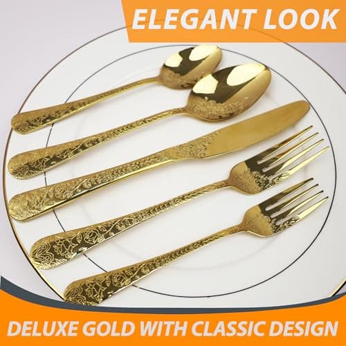 Runfly Vintage Carved Floral Gold Silverware Set for 4, Stainless Steel 20-Piece Flatware Set with Knife/Fork/Spoon, Cutlery Set for Home and Kitchen, Modern Utensil Set view 5