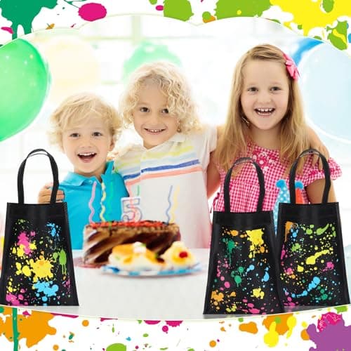 Hosuly 24 Pieces Neon Party Favor Bags Glow Gift Bags Glow in the Dark Candy Pouches Non Woven Graffiti Party Goodie Pouches with Handle for Boy Girl Neon Theme Birthday Supplies Decoration view 6