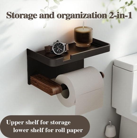 Bathroom Black Toilet Paper with Tissue Box Holder - Wall Mount Wooden Extension Rod with Widening Groove Bracket Aluminum Alloy Groove Rack for Paper Towel Holder and Wipes view 6