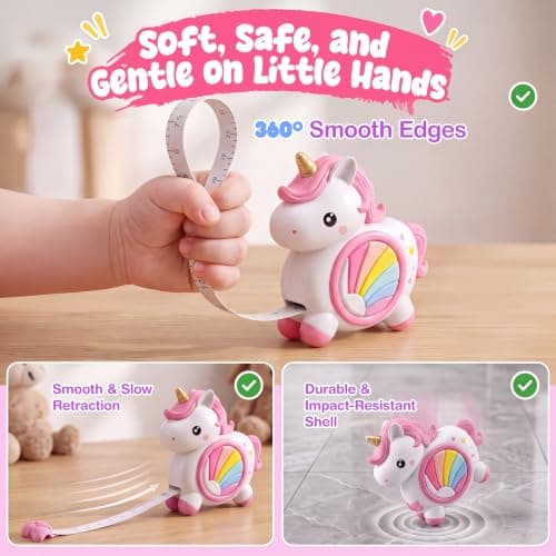 Unicorn Tape Measure Kids 8ft STEM Retractable Toy Stocking Stuffer Ages 3+ | Colorful rainbow design,easy-grip handle, smooth retraction,learn numbers & measurement,perfect ages 3-6,great Christmas gift view 2