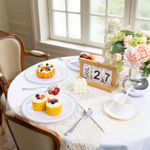 PULOTE 100PCS Silver Plastic Plates - 10 Inch Heavy Duty White with Silver Trim Plastic Dinner Plates Disposable for Dinenr, Party, Wedding & Christmas view 2