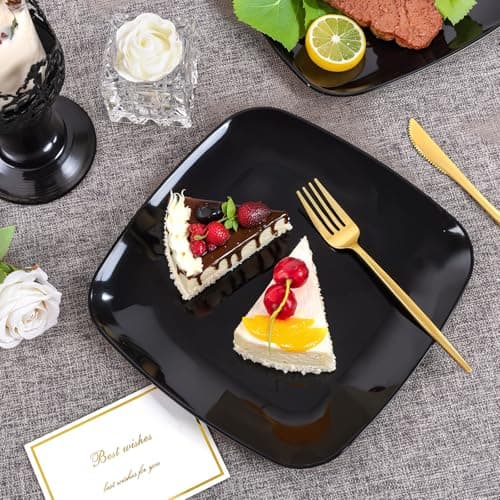 PULOTE 100 PCS Black Square Plastic Plates Disposable - Include 50 Each (10" Dinner & 7.25" Dessert) Plates - Ideal for Party & Graduation view 6