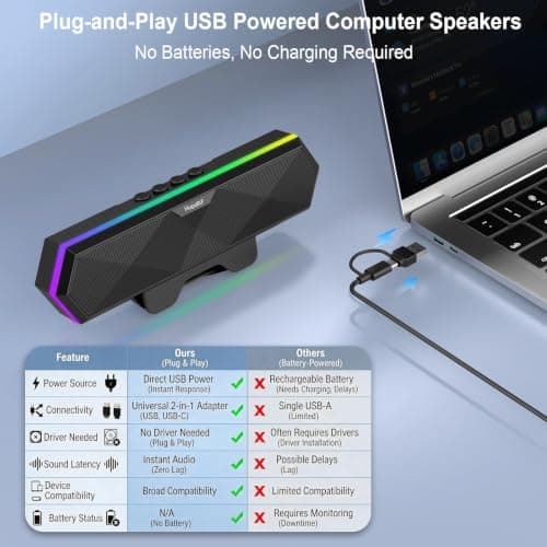 Computer Speakers for Desktop PC, Clip-On Monitor Speaker, Cool RGB Lights | External Speakers for Laptop, USB Plug-and-Play, Stereo Loud Sound, Deep Bass, Mini Soundbar for PC/Desktop, Easy Controls view 2