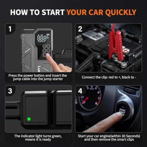 8000A Jump Starter with Air Compressor, 150PSI Auto-Shutoff Tire Inflator | Car Battery Jumper Starter Portable (All Gas/12L Diesel) 12V Jump Box Pack with Jumper Cables, 18W Fast Charge, 800LM Light view 5