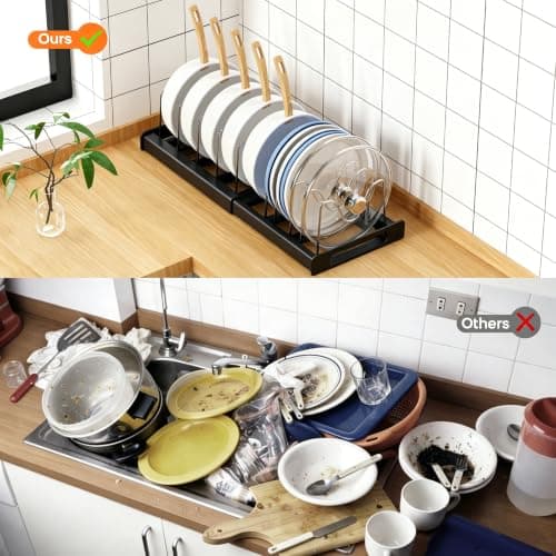 Nigelia Pots and Pans Organizer for Under Cabinet 22" Expandable Food Storage Container Lid Organizers with 10 Adjustable Dividers Pot and Pan Lid Holders Rack Inside Cabinet&Kitchen Countertop(Black) view 6