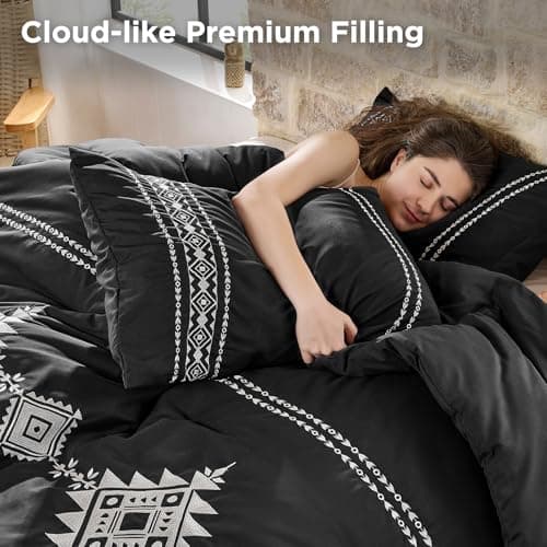 Embroidered Comforter Set Queen, 3-Piece Boho Bedding, Black view 5