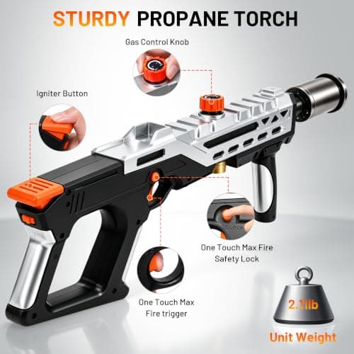 Propane Torch Gun, Adjustable Flame Thrower with One-Touch Max Fire | Powerful Blow Torch for BBQ, Sous Vide, Campfire, DIY and Weed Removal, GasTank Not Included view 5