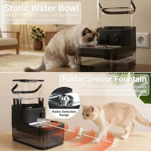 Filterless Cat Water Fountain 3L, Wireless Motion Sensor Cat Water Fountain with 4000mAh Battery, Stainless Steel Cat Bowls, Water Fountain Separate Tanks, Quiet – Black view 4