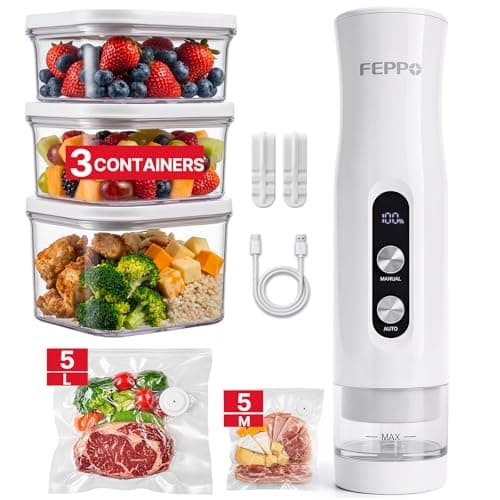 FEPPO Compact Vacuum Sealer for Food (Vacuum Sealer Machine + 3 Containers + 10 Reusable Bags), Anti-Overflow Powerful Portable Handheld Food Sealer, Auto & Manual Modes, Travel Lock, Easy-Clean view 1