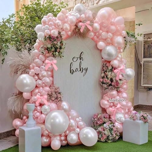 Pearl Pink Balloons Different Sizes Double Stuffed Pastel Baby Pale Pink Pearl Balloon Arch Garland Kit 18/12/5in with Bow for Bridal Wedding Birthday Baby Shower Coquette Party Decorations view 2