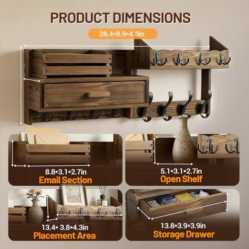 Dellicasi 29" Coat Rack Wall Mount with Shelf & Drawer, Heavy Duty Wood Entryway Organizer, Wall Coat Hanger with 12 Metal Hooks, Wall Mounted Coat Rack Key & Mail Holder for Living Room, Bedroom view 4
