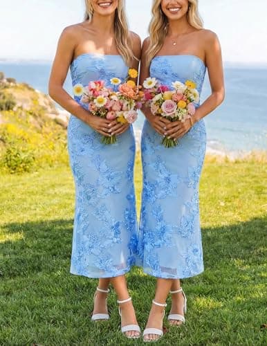 ZESICA Women's Summer Strapless Floral Midi Dress 2026 Bodycon Mesh Tube Wedding Guest Cocktail Party Formal Dresses view 2