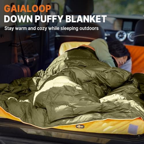 Gaialoop Down Puffy Blanket for 2 Person Car Camping Outdoor Travel Backpacking, 80% Duck Down & 20% Feather Lightweight Portable Soft Warm Cozy Camping Blanket Quilt, Olive Green view 3