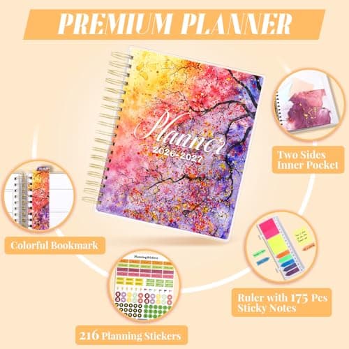 Planner 2026-2027, Large 18 Months Academic Daily Weekly Monthly Planner Yearly Agenda Jan. 2026–June. 2027, 7.9" x 9.8", Page Tabs, Separator Page, Pocket Folder, Bookmark, Stickers, Sticky Note Set view 4