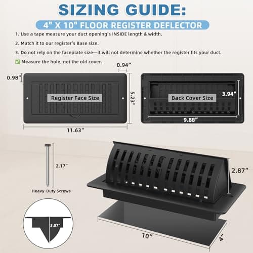 4x10 Floor Register with Vent Deflector, Adjustable Floor Vent Covers, Air Vent Deflector Includes Mounting Screws for Wall & Ceiling for Easy Install, 2 In 1 Vent Covers for Home Floor, Black, 2 Pack view 2