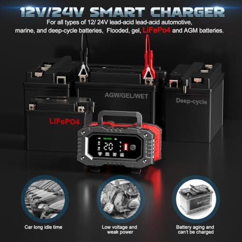 Battery Charger for Car 20A 12V/24V LiFePO4 Trickle Charger Maintainer | Car battery charger Lead Acid Compatible with Temperature Compensation for Car Truck Motorcycle Lawn Mower Boat view 3