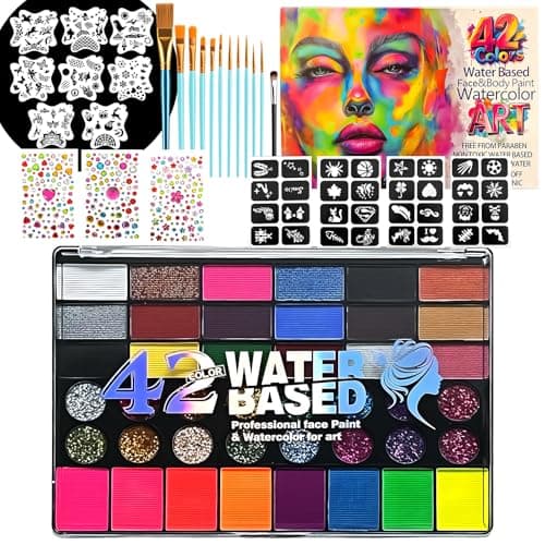 42 Color Face Paint Kit for Kids – Non-toxic Water-Based Makeup Palette with Stencils, Brushes & Gems – Face Painting Kit for Kids Ideal for Halloween, Parties, Festivals, Body Art & More — image 1