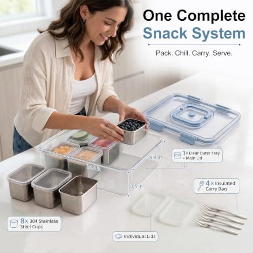 Helecors Stainless Steel Snackle Box Container with Individual Lids, 8 Removable Cups & 4 Forks, Portable Dishwasher Safe Snack Box for Kids Sports, Road Trips & Picnics view 6