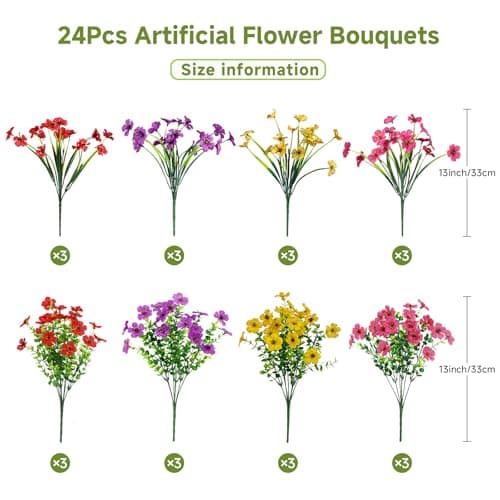 Alupssuc 24 Bundles Artificial Flowers for Outdoors Decoration, UV Resistant Silk Faux Daisy Flora Spring Fake Plastic Plants Greenery for Outside Indoor Yard Home Porch Window Box Decor, Mix 4 Colors view 2