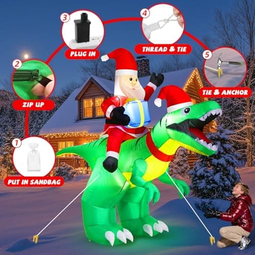 9x7FT Christmas Inflatables Santa Ride on Dinosaur with LED Outdoor Christmas Dinosaur Inflatable Blow Up Yard Decorations with Sandbags Stakes Strings for Garden Decor view 4