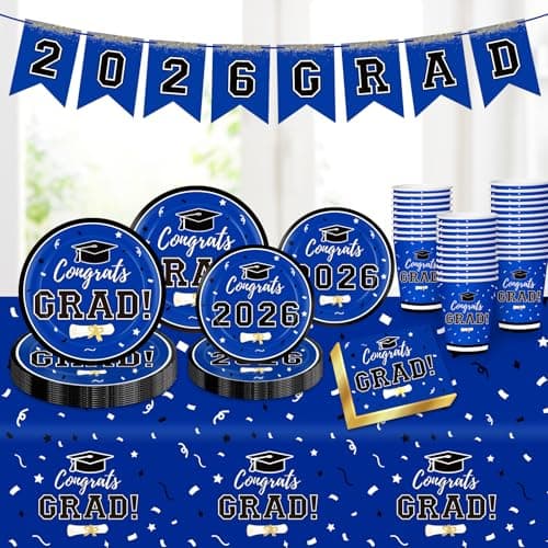 Graduation Decorations 2026 Disposable Blue Graduation Tableware Kit for 25 Guests Plates Napkins Cups Tablecloth Hanging Graduation Party Decorations 2026 view 5