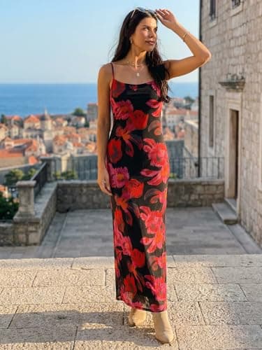 ZAFUL Womens 2026 Summer Maxi Dress Spaghetti Strap Mesh Stretch A Line Dresses Casual Beach Wedding Guest Slip Long Sundress view 4