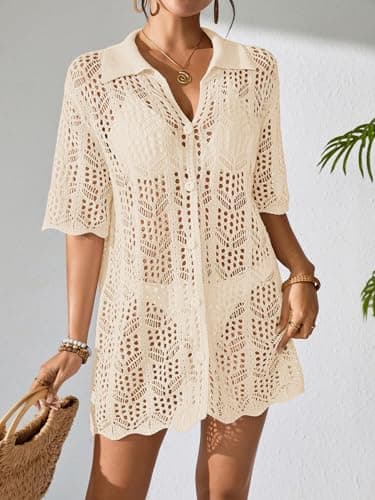 BreathSunny Womens Crochet Knit Polo Collar Swimsuit Coverup Cardigan Summer 2026 Beach Bathing Suit Cover Up Shirt Dress view 6