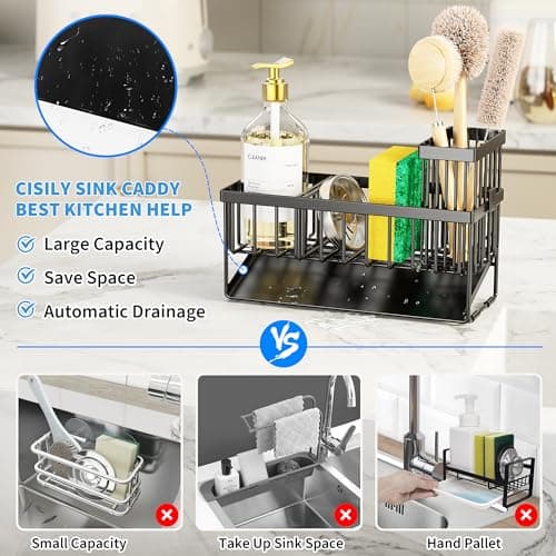 Cisily Sink Caddy Sponge Holder for Kitchen with Brush Holder and Stainless Steel Self Drain Tray, Rustproof Kitchen Sink Organizer for Sponge, Soap Dispenser Storage Accessories view 5