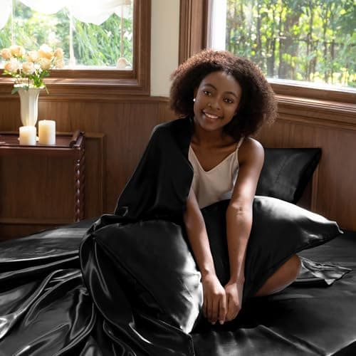 CozyLux Satin Sheets King Size Sheet Set - 4 Piece Silky King Sheets, Luxury Black King Bed Set with Smooth and Soft Microfiber, Includes 1 Fitted Sheet, 1 Flat Sheet and 2 Pillowcases view 2