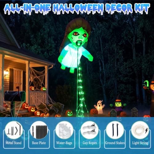 Giant Blue 12.8 FT Halloween Inflatables Floating Ghost Doll Yard Decor | Built-in Flowing Green LED String Lights, Blow Up Zombie Girl for Yard Lawn Garden Holiday Halloween Party Supplies view 6