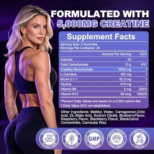 Creatine Gummies for Women & Men, 5g Creatine Monohydrate Gummies, 120 Ct | Third Party Tested Chewable Creatine, Pre-Workout Supplement for Muscle Strength & Recovery, Sugar Free, Mixed Berry Flavor view 2