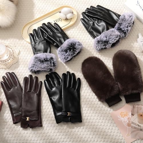 Winter Leather Gloves for Women PU Touchscreen Warm Driving Texting Gloves view 6