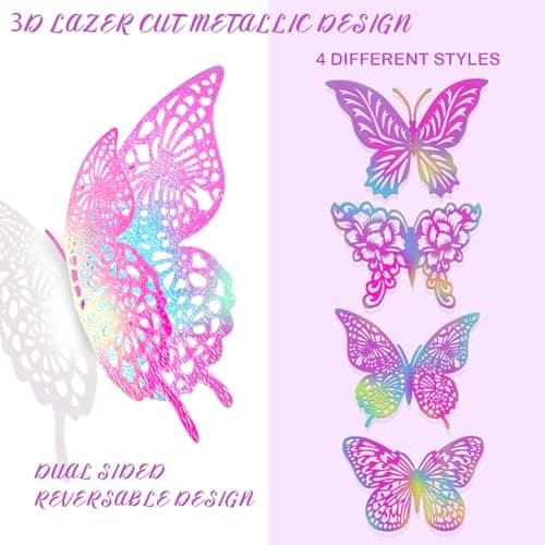 3D Butterfly Wall Decor 3 Sizes 4 Styles Butterfly Party Decorations Cake Decorations Removable Stickers Wall Decor Room Mural Metallic (Laser Pink, 48Pcs) view 4